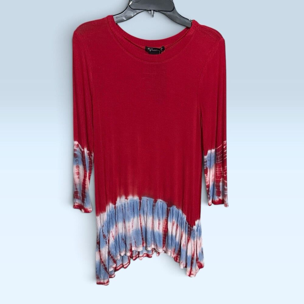 NWT Xtraordinary Girls XL Red White Blue Tie-Dye Ribbed Asymmetrical Tunic Top - Picture 2 of 4